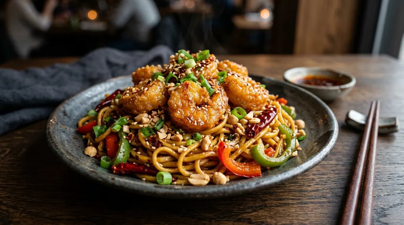 Kung Pao Noodles with Crispy Shrimp
